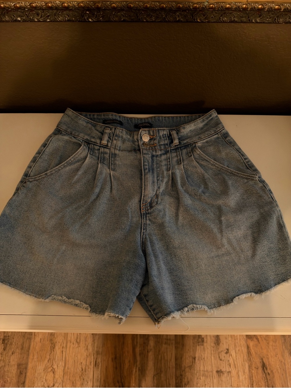 High-Rise Washed Blue Denim Shorts with Frayed Hem